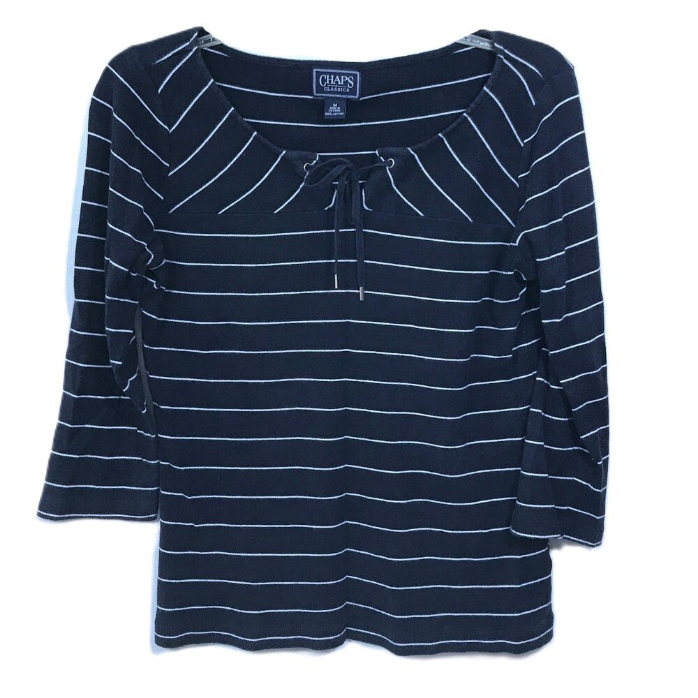 Chaps Boat Neck Knit Top Navy Blue White Stripes M